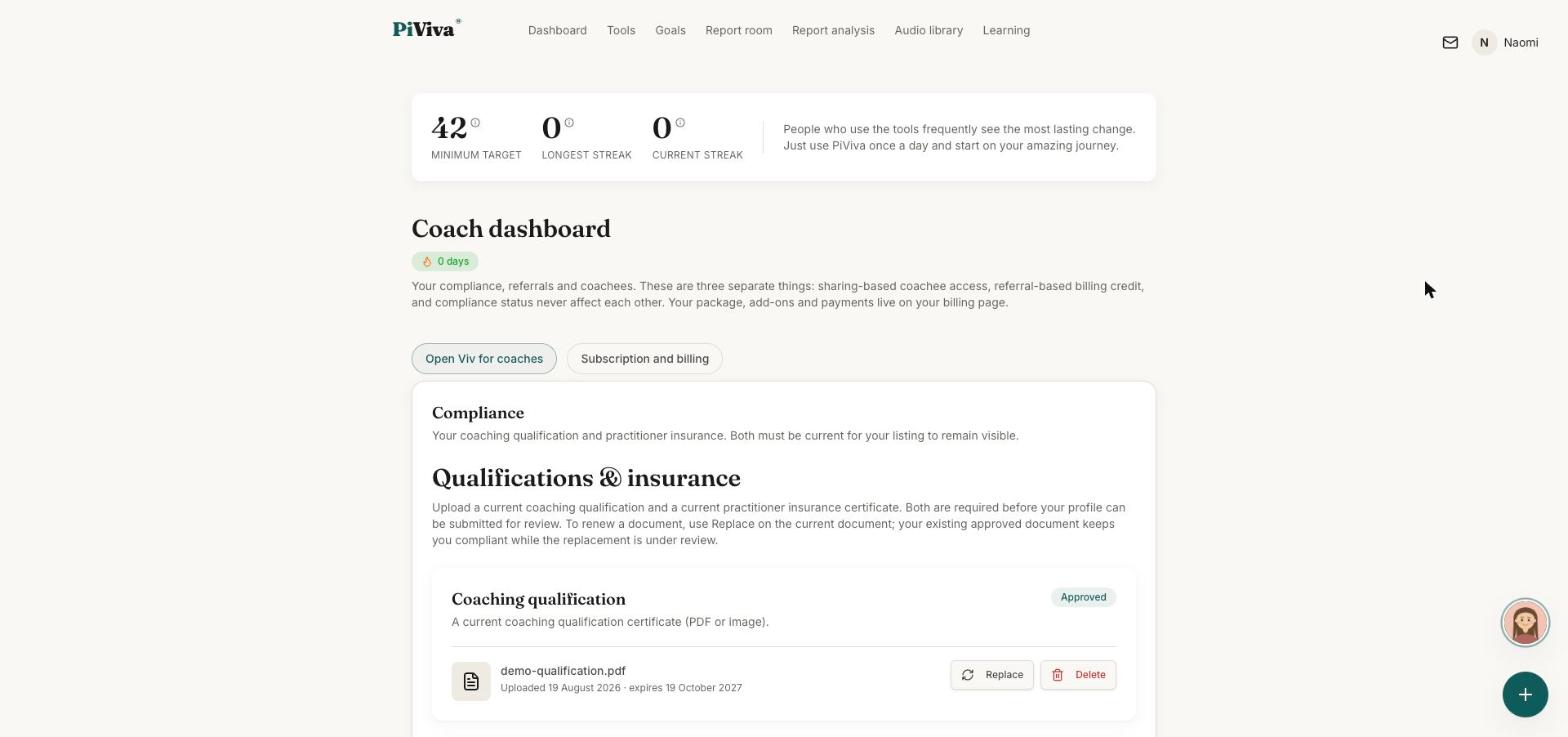 The PiViva coach dashboard, with qualification and insurance status.