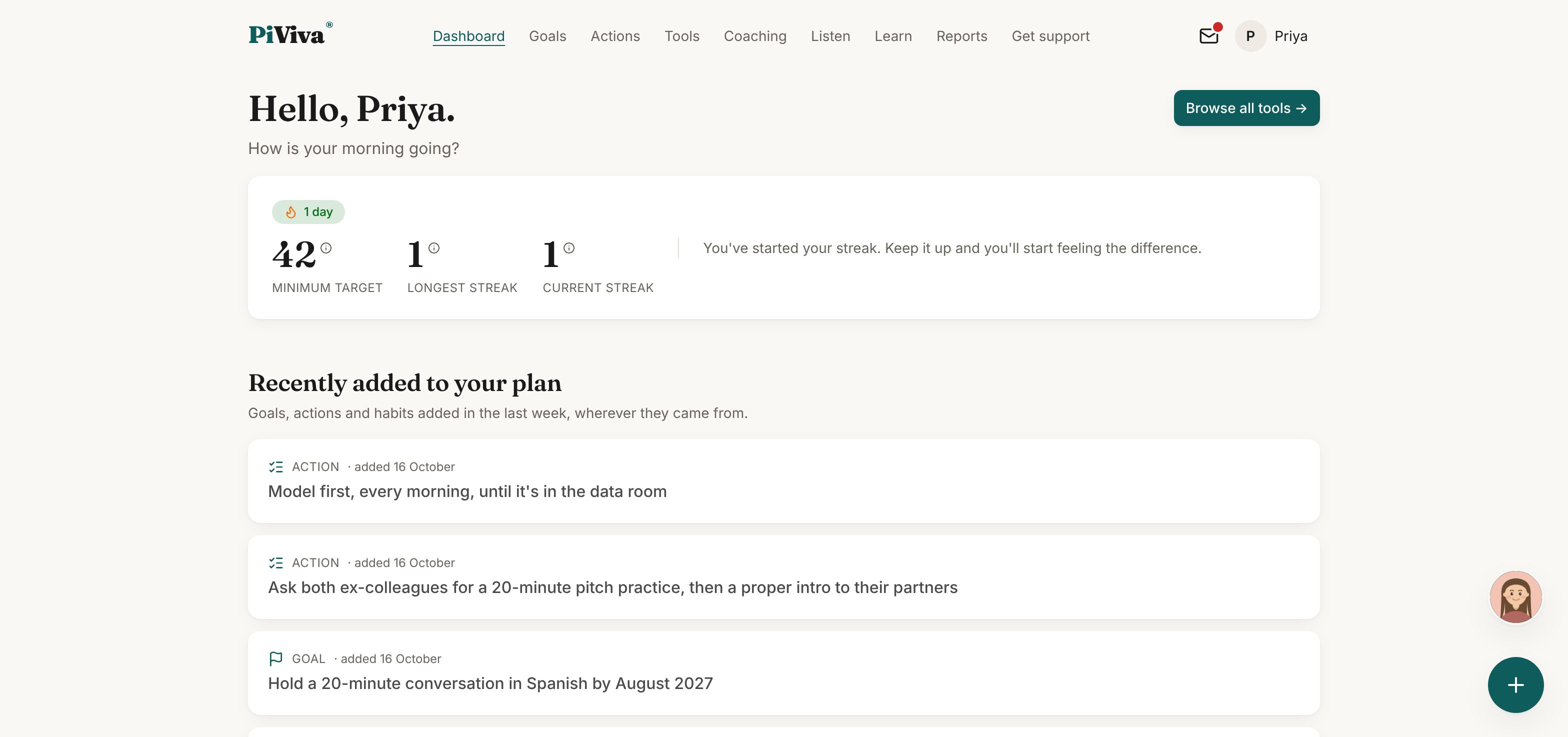 The dashboard, with the streak and recently added plan items.