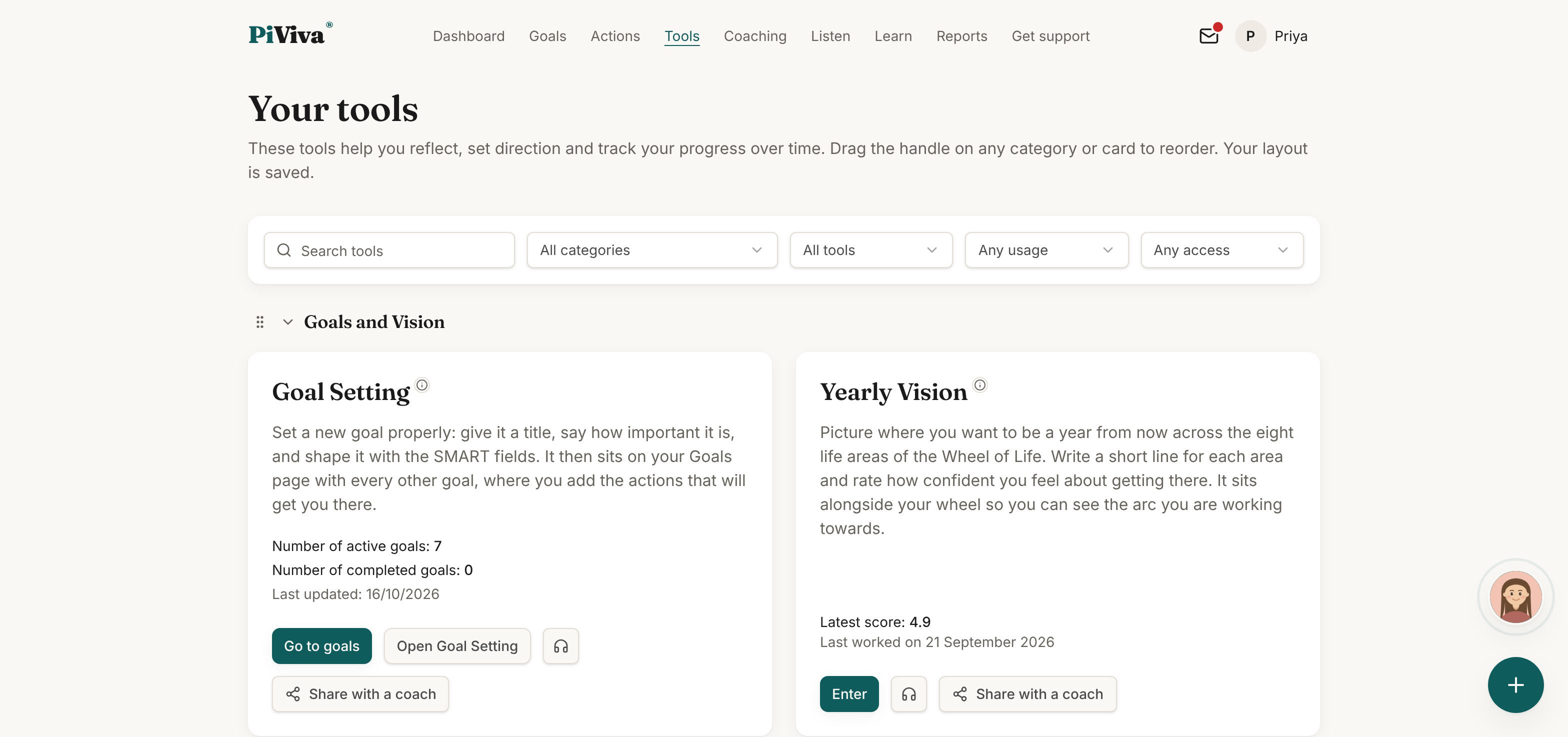 The Your tools page, with tools grouped by category.