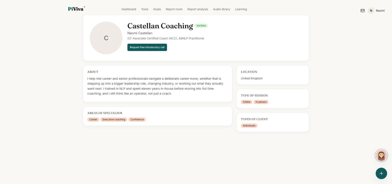 A coach profile, with qualification and insurance checked.