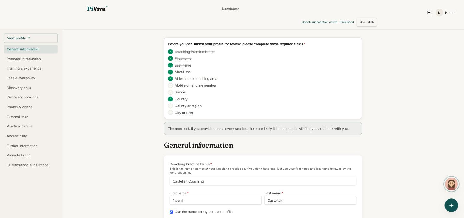 The screen where a coach completes their PiViva profile.